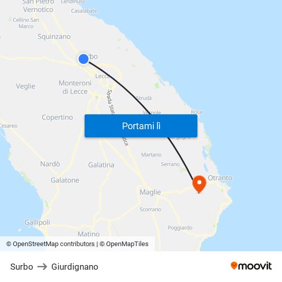 Surbo to Giurdignano map