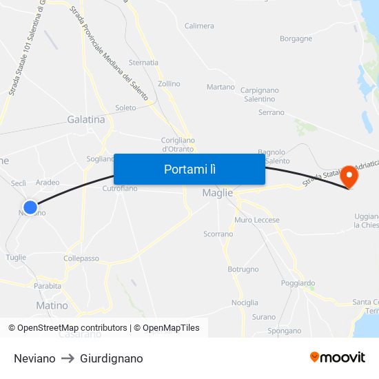 Neviano to Giurdignano map