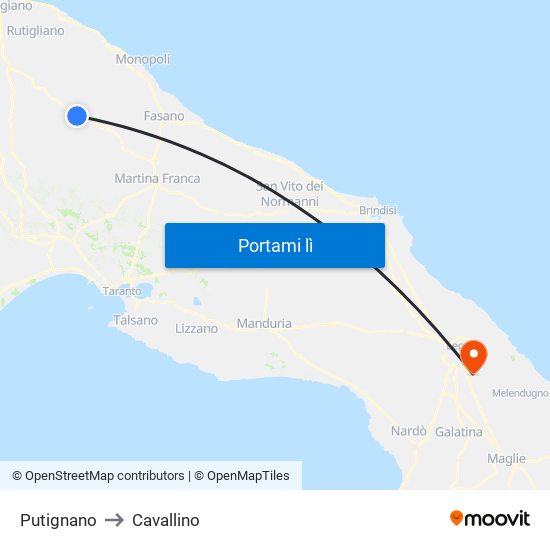 Putignano to Cavallino map