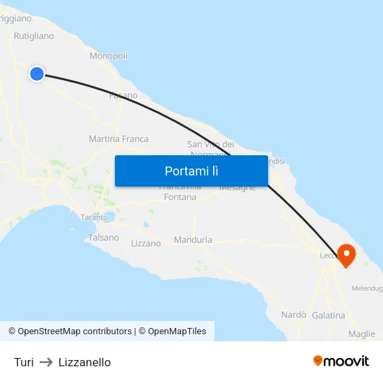 Turi to Lizzanello map