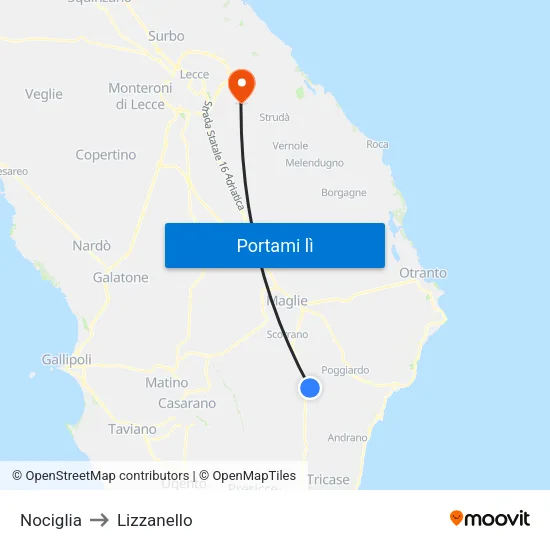 Nociglia to Lizzanello map
