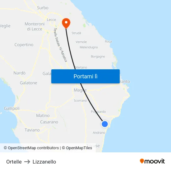 Ortelle to Lizzanello map