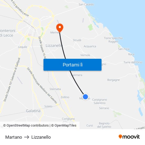 Martano to Lizzanello map