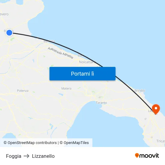 Foggia to Lizzanello map