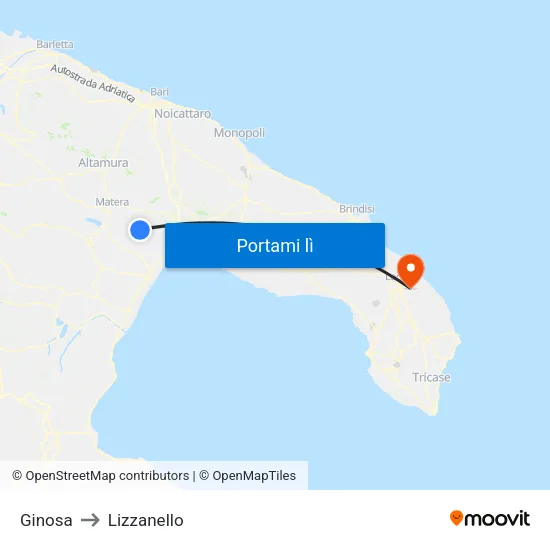 Ginosa to Lizzanello map