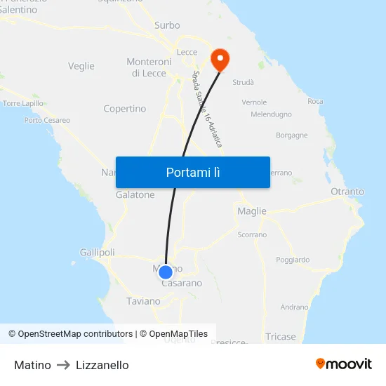 Matino to Lizzanello map