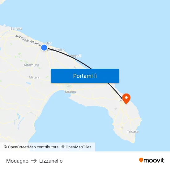 Modugno to Lizzanello map