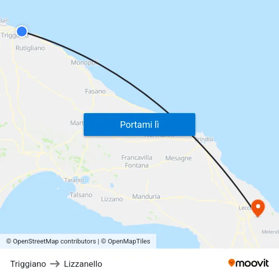 Triggiano to Lizzanello map