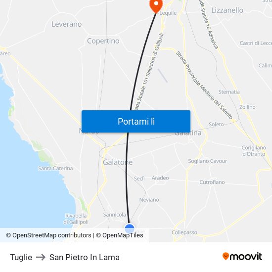 Tuglie to San Pietro In Lama map