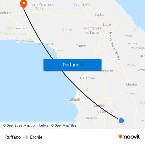 Ruffano to Erchie map