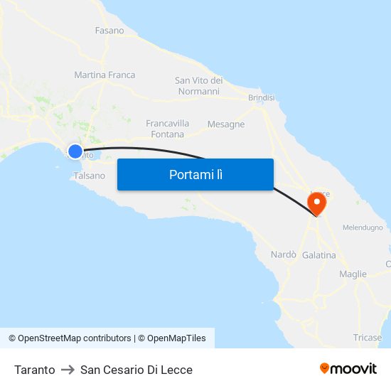 Taranto to San Cesario Di Lecce map