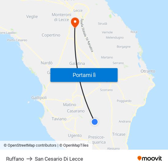 Ruffano to San Cesario Di Lecce map