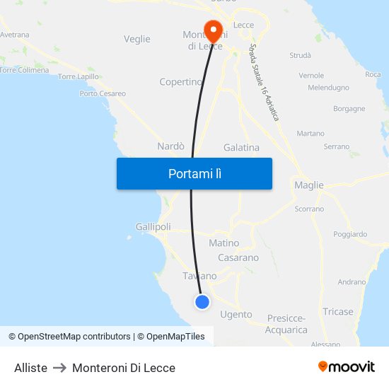 Alliste to Monteroni Di Lecce map