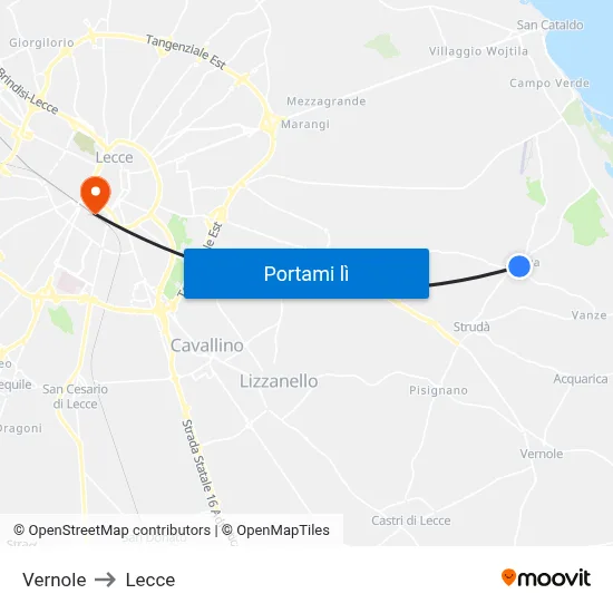 Vernole to Lecce map