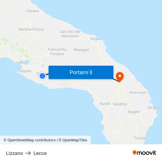 Lizzano to Lecce map