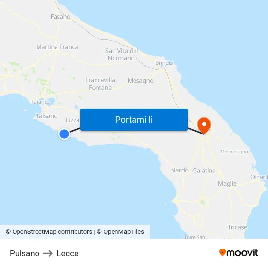 Pulsano to Lecce map