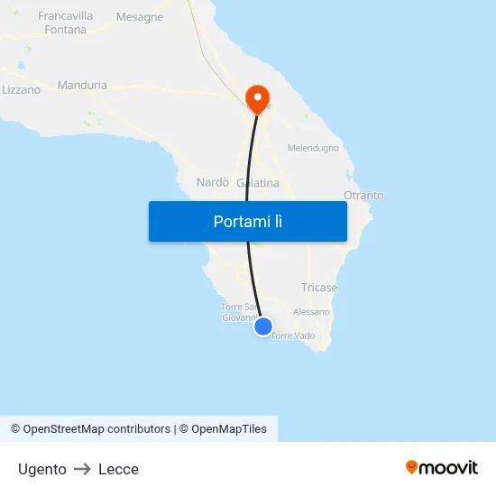 Ugento to Lecce map