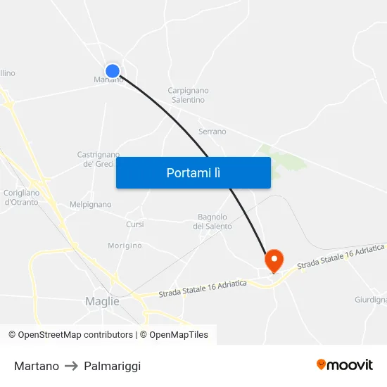 Martano to Palmariggi map