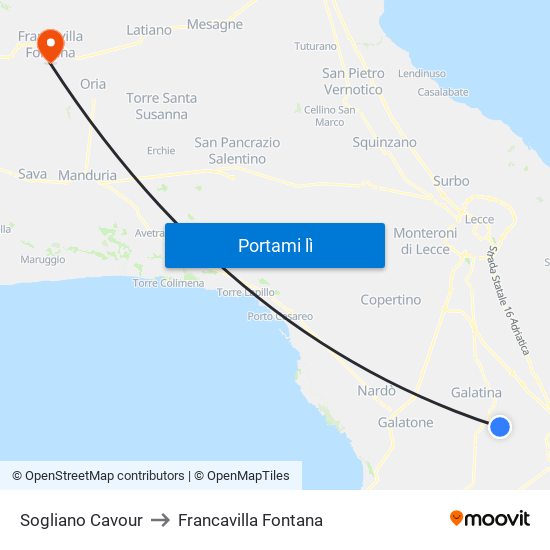 Sogliano Cavour to Francavilla Fontana map