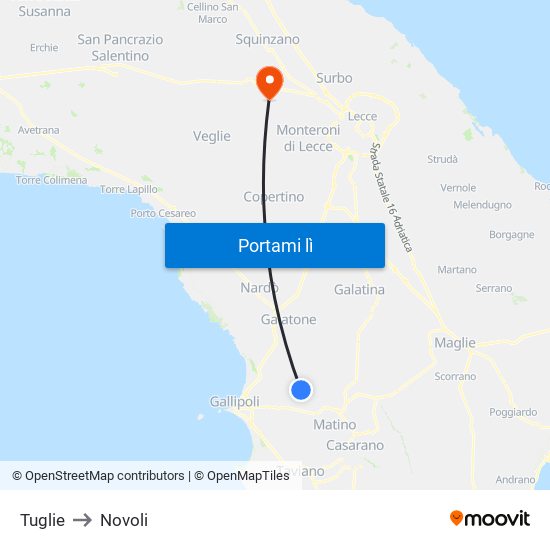 Tuglie to Novoli map