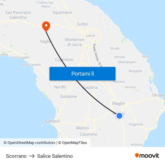 Scorrano to Salice Salentino map