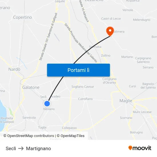 Seclì to Martignano map