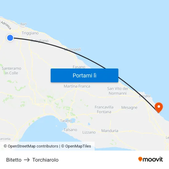 Bitetto to Torchiarolo map
