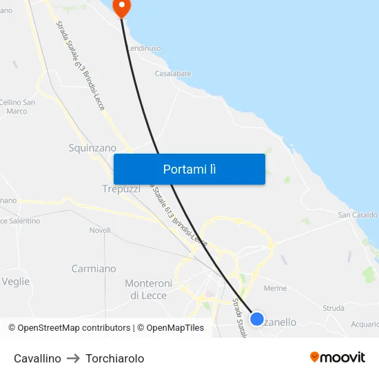 Cavallino to Torchiarolo map