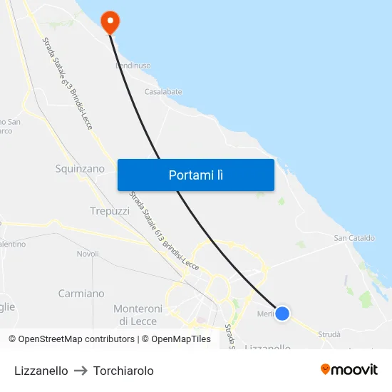 Lizzanello to Torchiarolo map