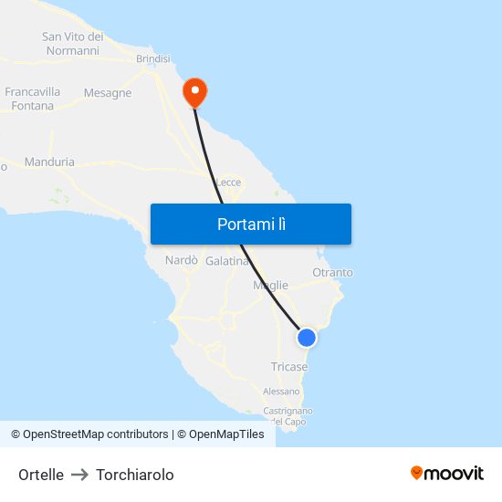 Ortelle to Torchiarolo map