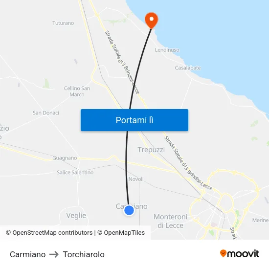 Carmiano to Torchiarolo map
