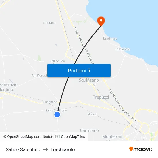 Salice Salentino to Torchiarolo map