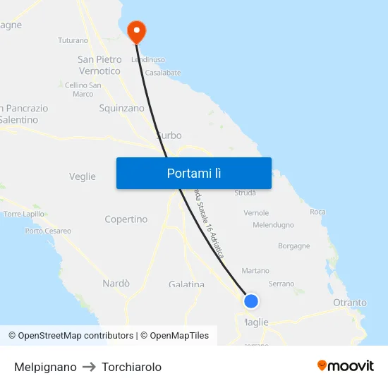 Melpignano to Torchiarolo map