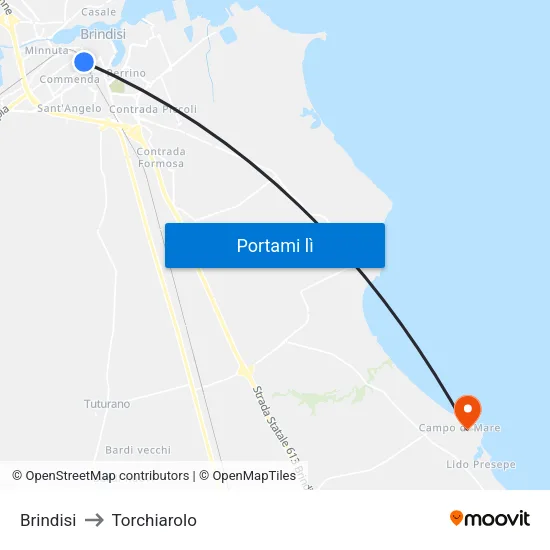 Brindisi to Torchiarolo map