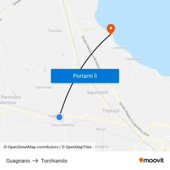 Guagnano to Torchiarolo map