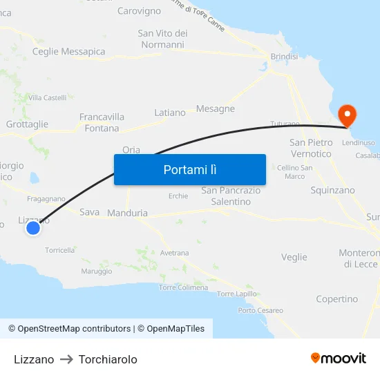 Lizzano to Torchiarolo map