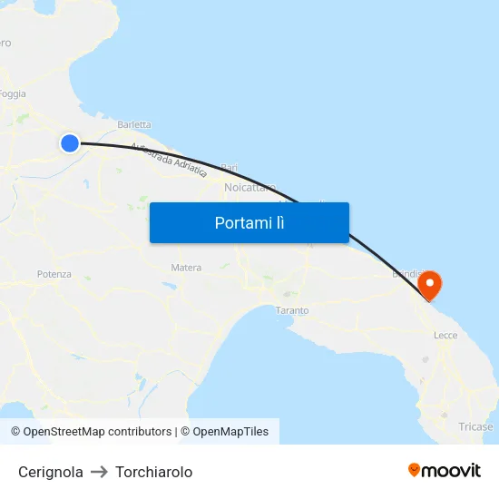 Cerignola to Torchiarolo map