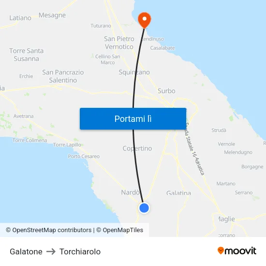 Galatone to Torchiarolo map