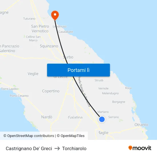 Castrignano De' Greci to Torchiarolo map
