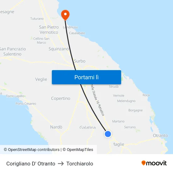 Corigliano D' Otranto to Torchiarolo map
