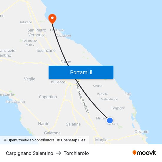 Carpignano Salentino to Torchiarolo map