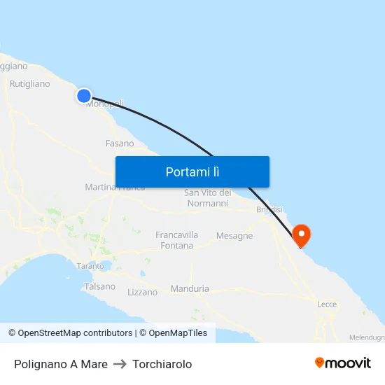 Polignano A Mare to Torchiarolo map