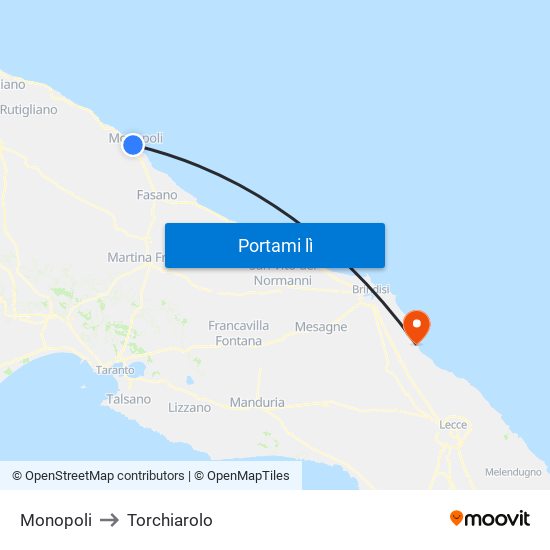 Monopoli to Torchiarolo map