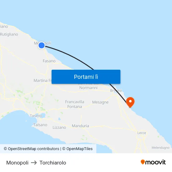 Monopoli to Torchiarolo map