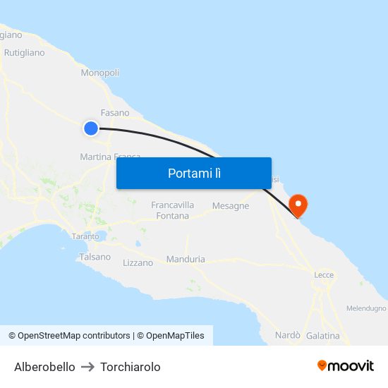 Alberobello to Torchiarolo map