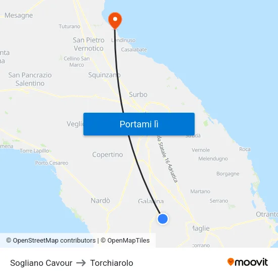 Sogliano Cavour to Torchiarolo map