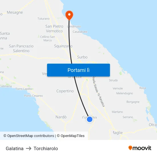 Galatina to Torchiarolo map