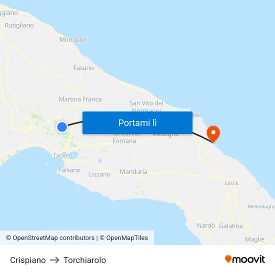 Crispiano to Torchiarolo map