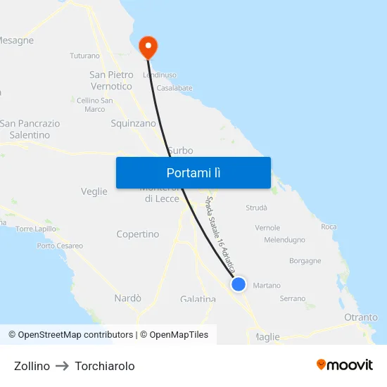 Zollino to Torchiarolo map