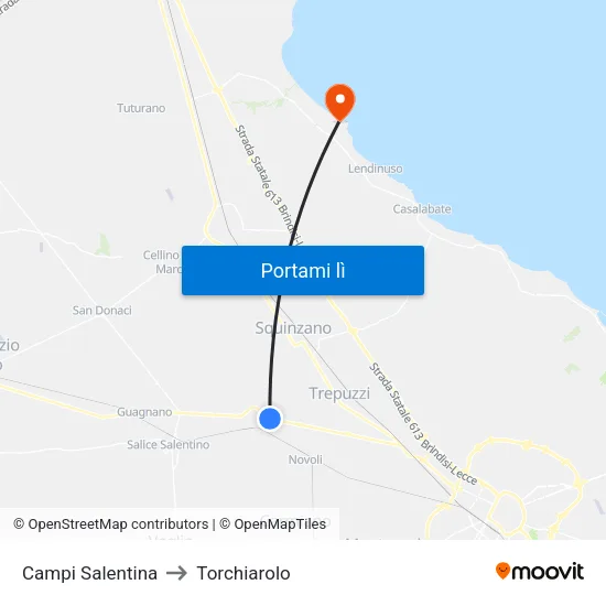 Campi Salentina to Torchiarolo map